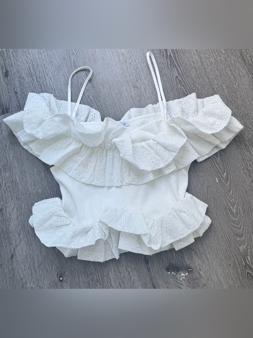 Zara White Eyelet Ruffle Cutout Cami Top Size L Cottagecore